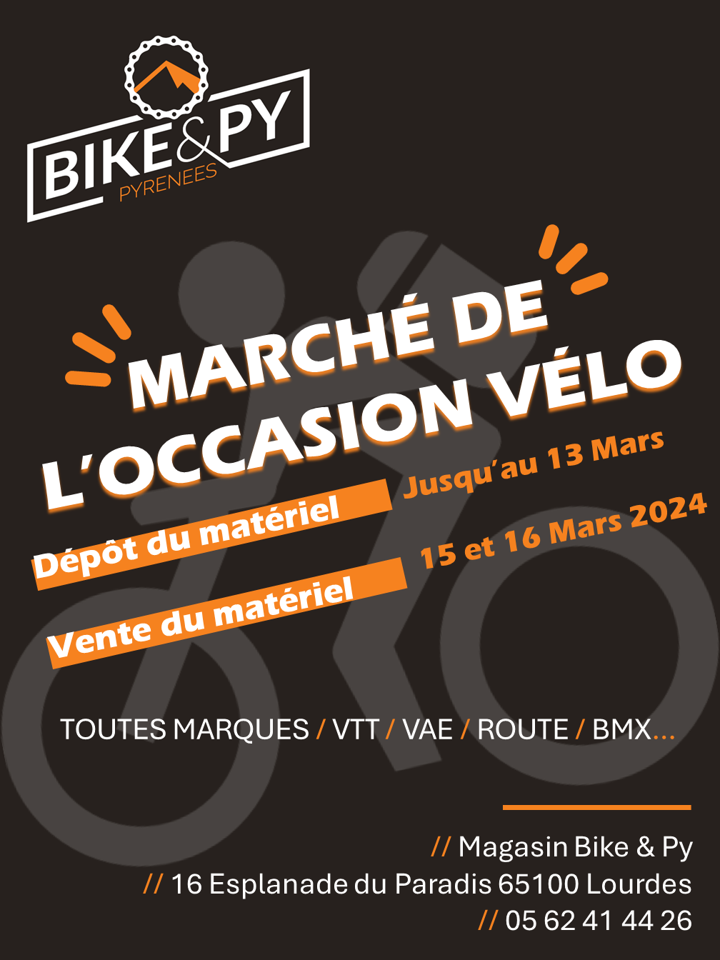 3ème marché de l'occasion - dépot - vente de vélos d'occasion -vélo de route - vtt - vélo électrique - vélo de ville à Lourdes dans les Hautes-Pyrénées