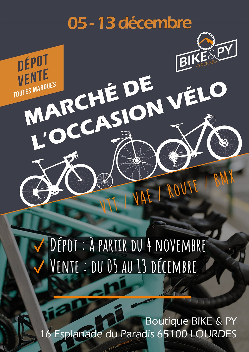 3ème marché de l'occasion - dépot - vente de vélos d'occasion -vélo de route - vtt - vélo électrique - vélo de ville à Lourdes dans les Hautes-Pyrénées